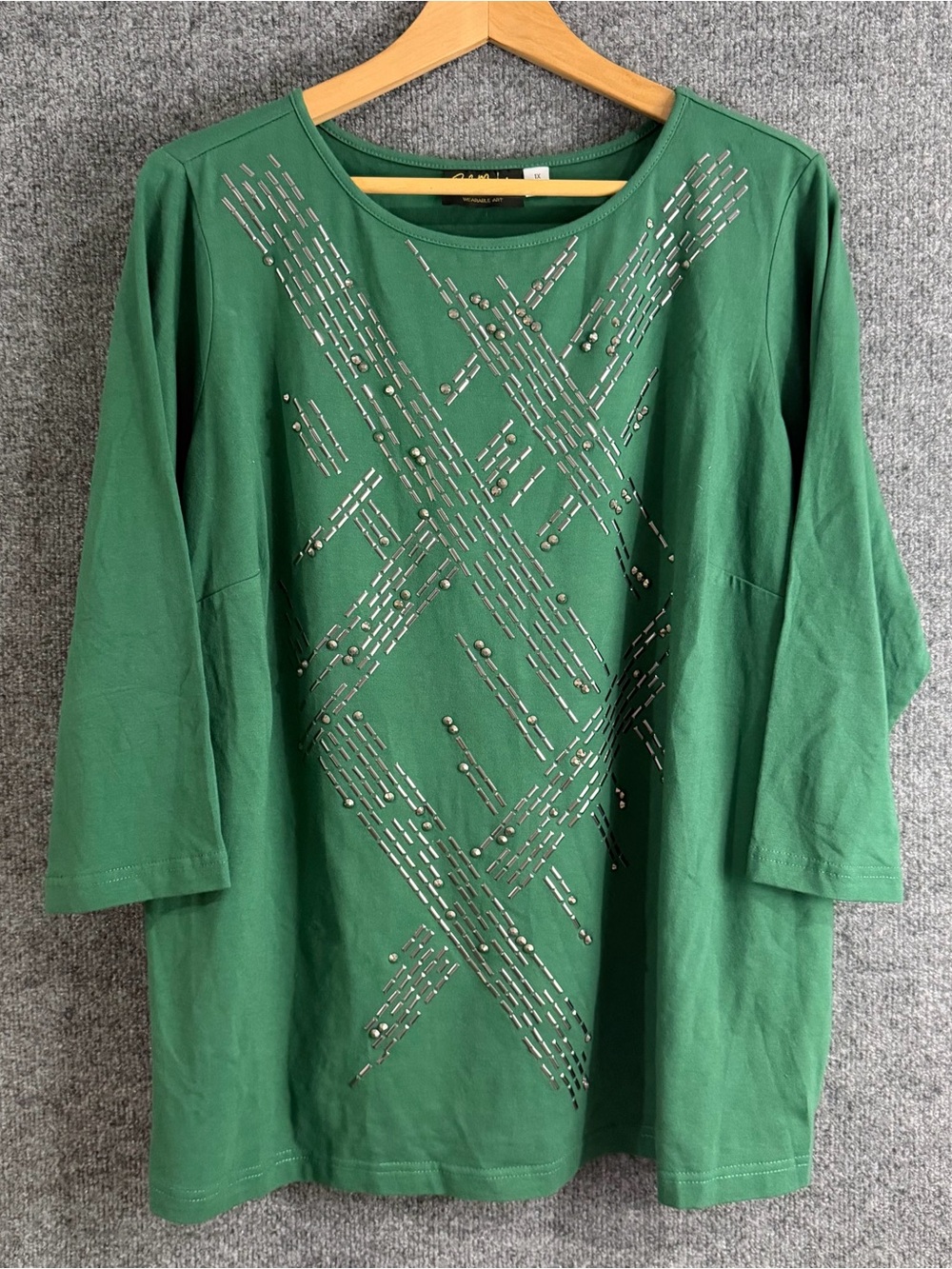 Bob Mackie Green Embellished 3/4 Sleeve Scoop Neck Top Size 1X Artsy Comfy